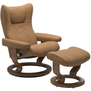 Wing (S) Classic Chair with Footstool - Paloma Taupe w/Teak