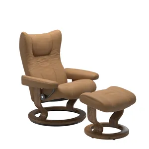 Wing (S) Classic Chair with Footstool - Paloma Taupe w/Teak