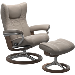 Wing (S) Signature Base Recliner with Ottoman - Paloma Dark Mushroom w/ Polished & Walnut