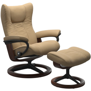 Wing (L) Signature Base Recliner with Ottoman - Paloma Sand w/Brown Stain & Matte Black