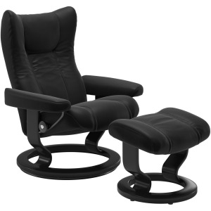 Wing (L) Classic Chair with Footstool - Paloma Black w/Black