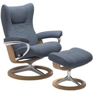 Wing (L) Signature Base Recliner with Ottoman - Paloma Sparrow Blue w/ Polished & Oak Stain