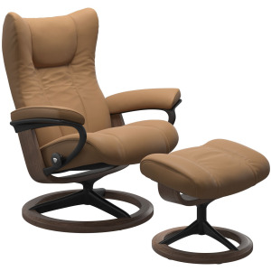 Wing (M) Signature Chair with Footstool - Paloma Taupe w/Walnut