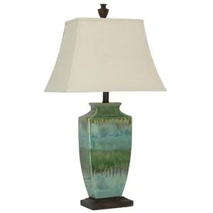 Green Blue Reactive Glaze Ceramic Lamp With Natural Linen Shade