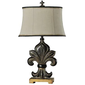 Fleur De Lis Motif Lamp with Fabric Shade Contrast Trim