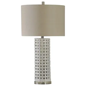 31 Inch Ceramic Basket Weave Lamp In Luxemburg Finish Natural Linen Shade