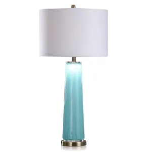 Contemporary Ocean Blue Art Glass Body Table Lamp with LED Night Light in Base