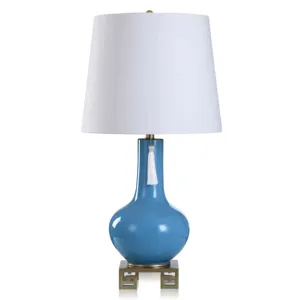 Blue Glass and Bronze Metal Table Lamp with White Shade