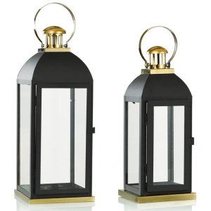 Set of 2 Matte Black and Polished Gold Steel Lanterns