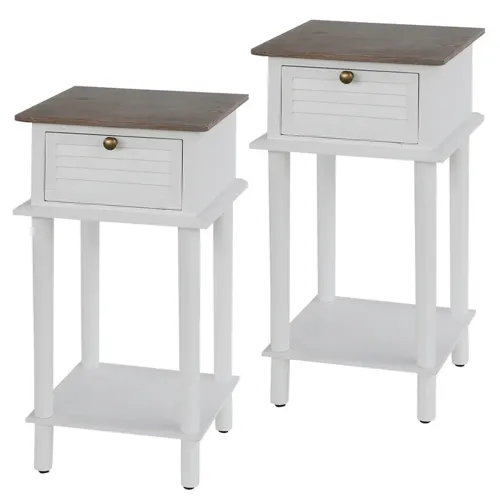 Two Tone White Wood Shutter Side Tables with One Drawer - Set of 2
