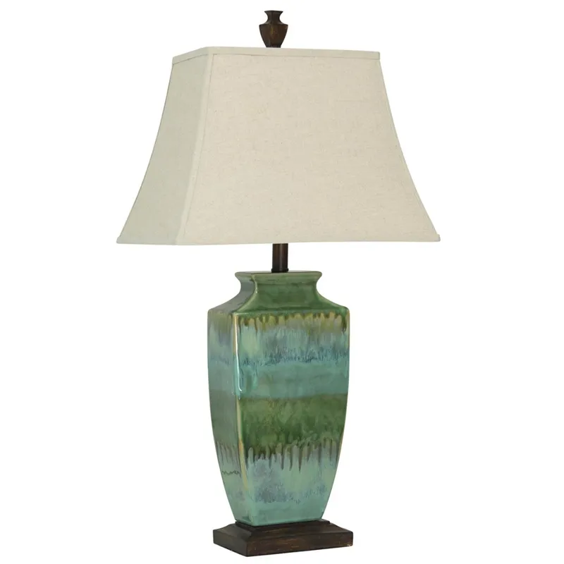 Green Blue Reactive Glaze Ceramic Lamp With Natural Linen Shade