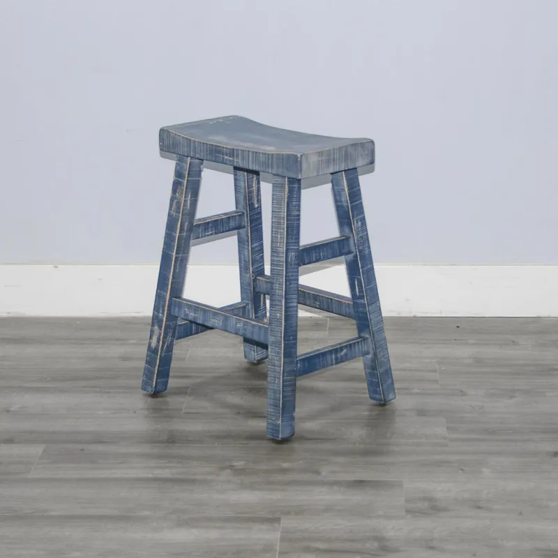 MARINA Ocean Blue 24"H Saddle Seat Stool, Wood Seat