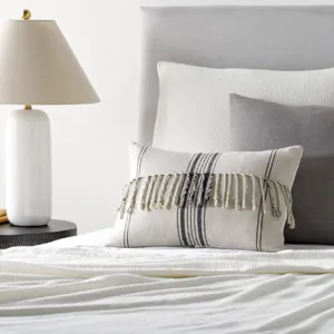 Linen Stripe Embellished Pillow Cover
