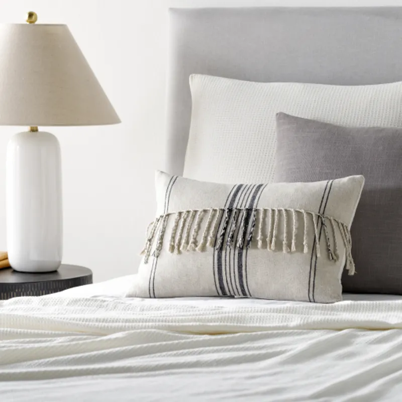 Linen Stripe Embellished Pillow Cover