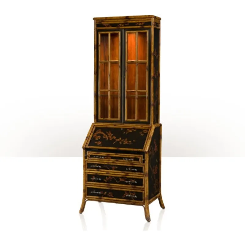 A Chinoiserie bamboo and black lacquer bureau bookcase Cabinetry