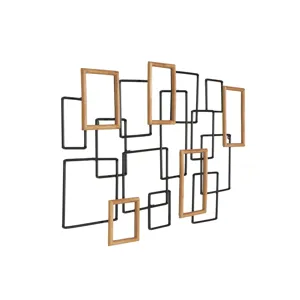 Black Metal Geometric Overlapping Wire Square Home Wall Decor with Gold Accents, 51" x 3" x 23"