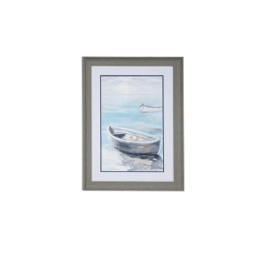 Blue & Gray Coastal Row Boat Painting Print in Frame