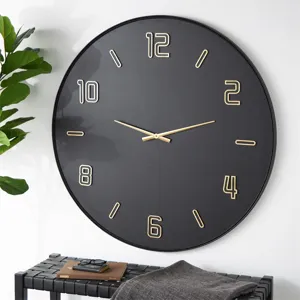 Black Wood Large Decorative Wall Clock with Gold Hands &amp; Number