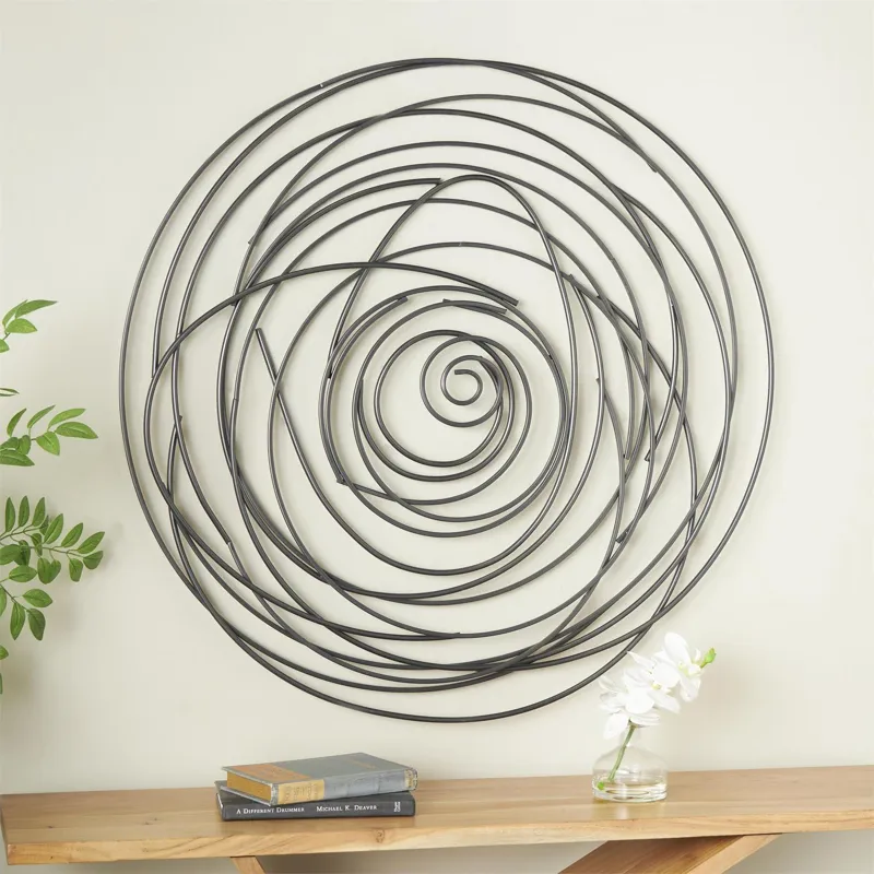 Black Metal Abstract Round Overlapping Lines Home Wall Decor, 36" x 1" x 36"