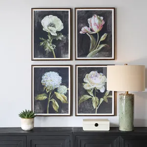 Florals On Black Framed Prints, Set/4