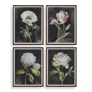 Florals On Black Framed Prints, Set/4