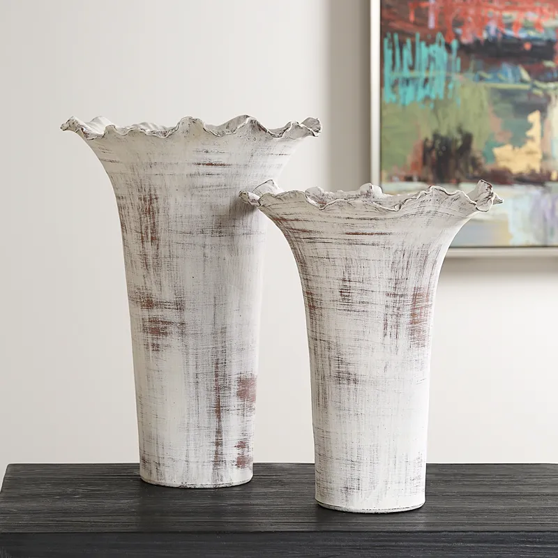 Ruffled Petal White Vases Set/2