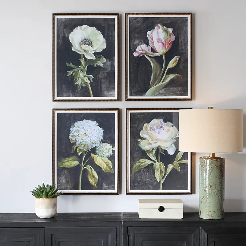 Florals On Black Framed Prints, Set/4