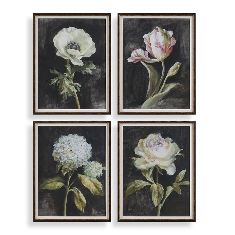 Florals On Black Framed Prints, Set/4