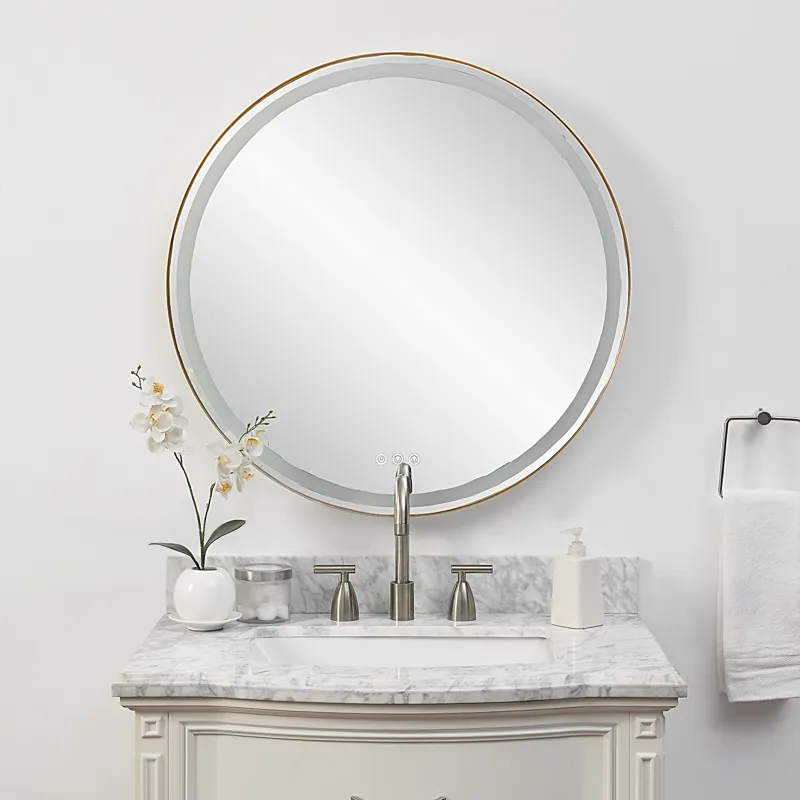 Crofton Lighted Brass Round Mirror