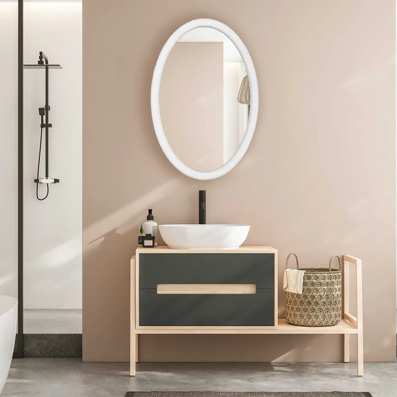Bali White Ribbed Oval Mirror