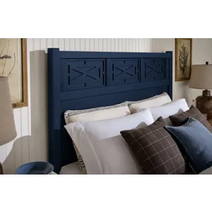 Tide & Timber-Luxe Blue Oak Fretwork Bed With Storage Footboard - Queen