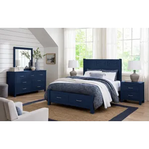 Tide & Timber-Luxe Blue Oak Fretwork Bed With Storage Footboard - Queen