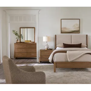 Mercer Street-Pecan Finish Shelter Upholstered Bed-Ecru - Queen