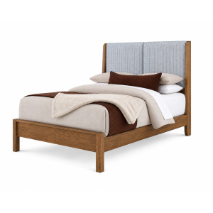 Mercer Street-Pecan Finish Shelter Upholstered Bed-Navy Stripe - Queen