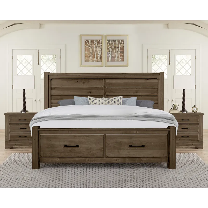 Cool Rustic-Mink Plank Bed With Footboard Storage - Queen