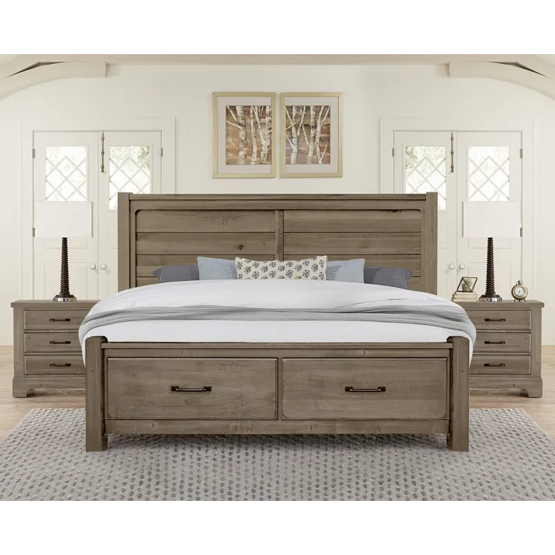 Cool Rustic-Stone Grey Plank Bed With Footboard Storage - Queen