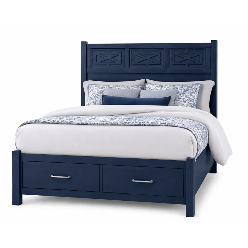 Tide & Timber-Luxe Blue Oak Fretwork Bed With Storage Footboard - Queen
