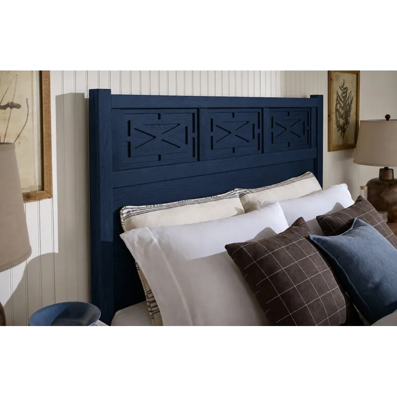 Tide & Timber-Luxe Blue Oak Fretwork Bed With Storage Footboard - Queen