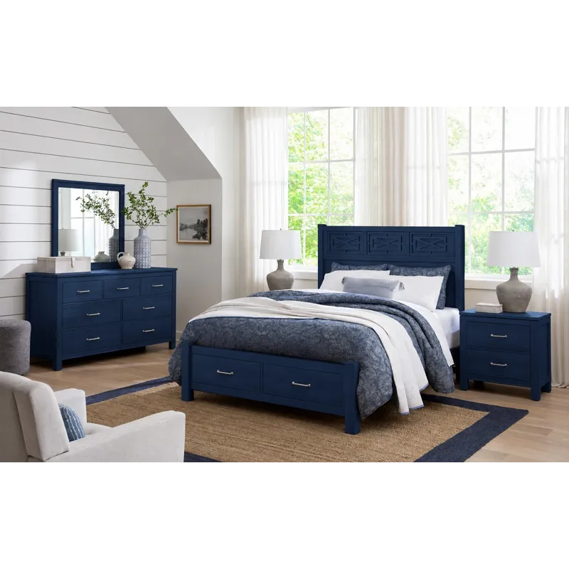Tide & Timber-Luxe Blue Oak Fretwork Bed With Storage Footboard - Queen