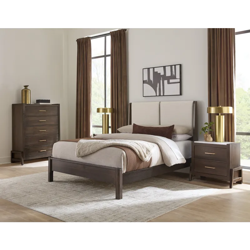 Mercer Street-Dark Roast Shelter Upholstered Headboard Wood Trim - Queen