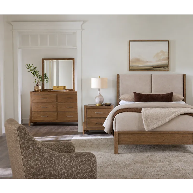 Mercer Street-Pecan Finish Shelter Upholstered Bed-Ecru - Queen