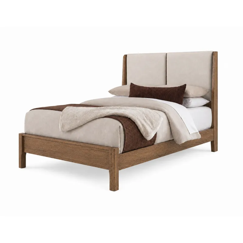 Mercer Street-Pecan Finish Shelter Upholstered Bed-Ecru - Queen