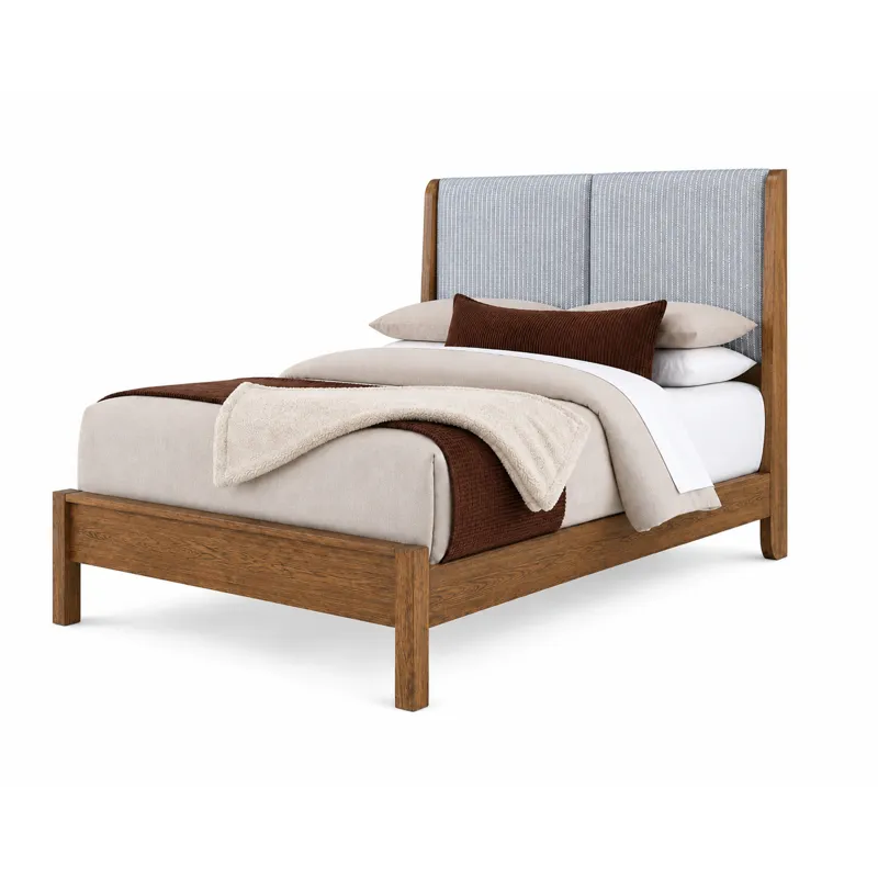 Mercer Street-Pecan Finish Shelter Upholstered Bed-Navy Stripe - Queen