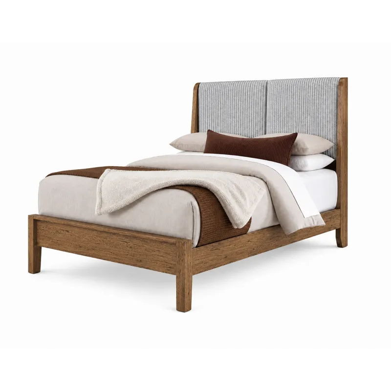 Mercer Street-Pecan Finish Shelter Upholstered Bed-Grey Stripe - Queen