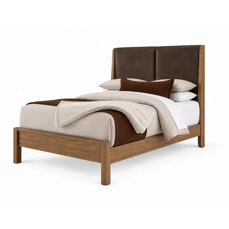 Mercer Street-Pecan Finish Shelter Upholstered Bed-Sedona Brown - Queen