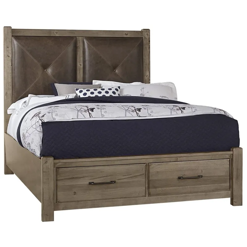 Cool Rustic King Leather Bed with Footboard Storage -Stone Grey