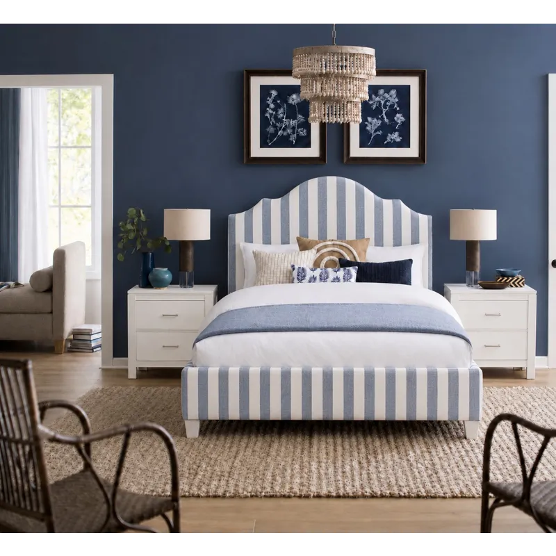 Tide & Timber-Grey Oak Blue Stripe Upholstered Headboard - Full